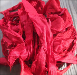 Cardinal Recycled Sari Silk Ribbon 5 or 10 Yards Wide Ribbon for Yarn Jewelry Weaving Spinning