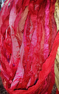 Cranberry Recycled Sari Silk Ribbon Yarn 5 or 10 Yards for Jewelry Weaving Spinning & Mixed Media