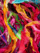 Load image into Gallery viewer, BRIGHTEST EVER! Frilly Fuzzy Persian Bazaar Ultimate Eyelash Recycled Sari Silk Ribbon 5 - 10 Yards or Full Skein Thin &amp; Wide Ribbon
