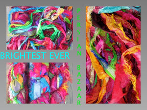 BRIGHTEST EVER! Frilly Fuzzy Persian Bazaar Ultimate Eyelash Recycled Sari Silk Ribbon 5 - 10 Yards or Full Skein Thin & Wide Ribbon