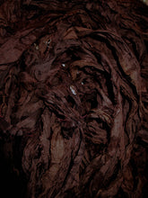 Load image into Gallery viewer, Bitter Chocolate Deep Brown Tones Recycled Sari Silk Thin Ribbon Yarn 5 or 10 Yards Jewelry Weaving Spinning &amp; Mixed Media
