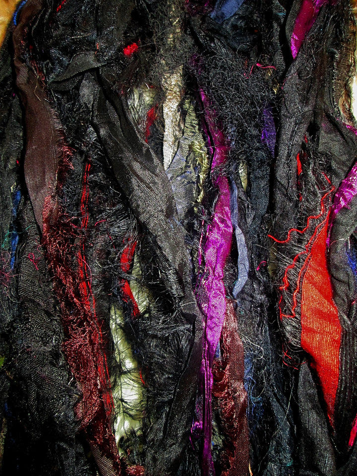 Fun & Beautiful! Frilly Fuzzy Highlighted Black Ultimate Eyelash Recycled Sari Silk Ribbon