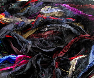 Fun & Beautiful! Frilly Fuzzy Highlighted Black Ultimate Eyelash Recycled Sari Silk Ribbon 5 - 10 Yards or Full Skein