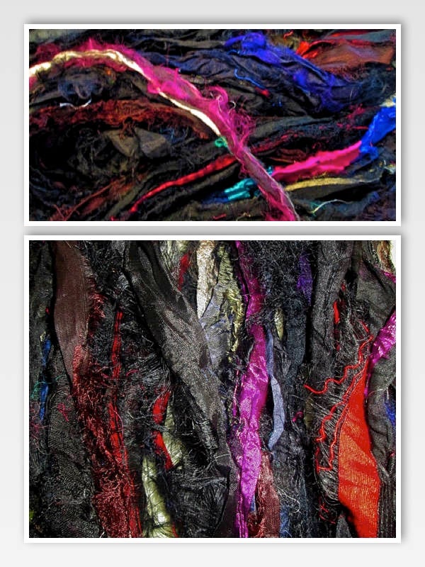 Fun & Beautiful! Frilly Fuzzy Highlighted Black Ultimate Eyelash Recycled Sari Silk Ribbon