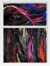 Load image into Gallery viewer, Fun &amp; Beautiful! Frilly Fuzzy Highlighted Black Ultimate Eyelash Recycled Sari Silk Ribbon 5 - 10 Yards or Full Skein
