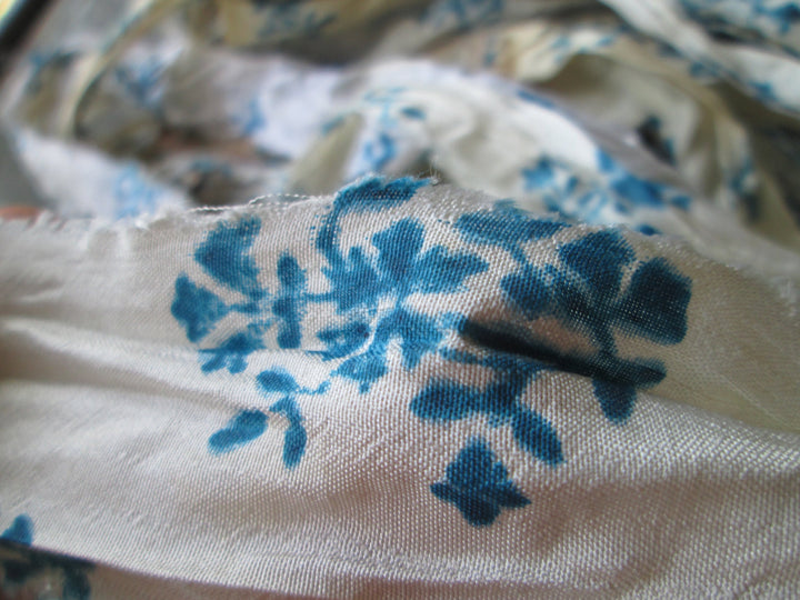 NEW Retro Print Blue/White/Ivory Recycled Sari Silk Ribbon