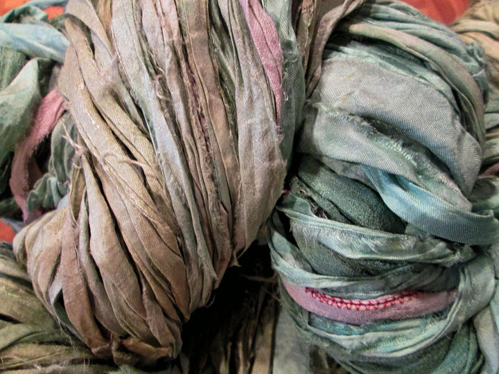 Sea Mist Light Blue/Green/Gray Recycled Sari Silk Eyelash Ribbon