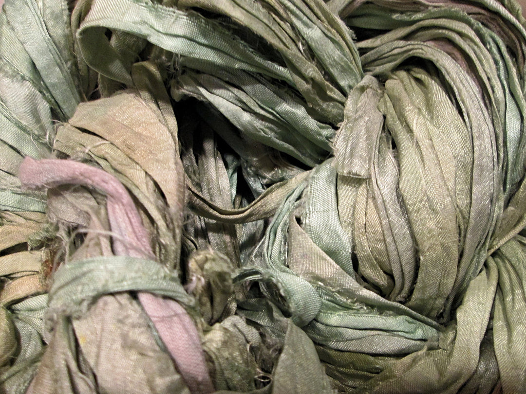 Sea Mist Light Blue/Green/Gray Recycled Sari Silk Eyelash Ribbon