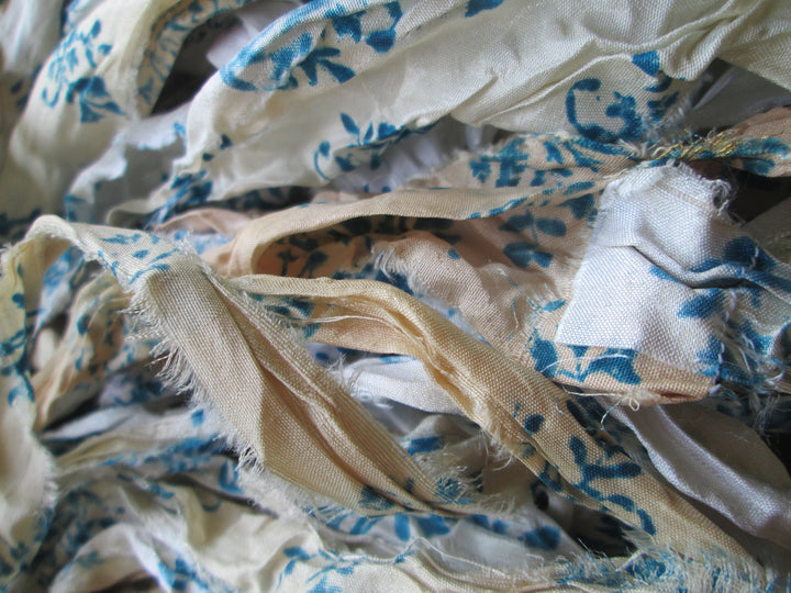 NEW Retro Print Blue/White/Ivory Recycled Sari Silk Ribbon