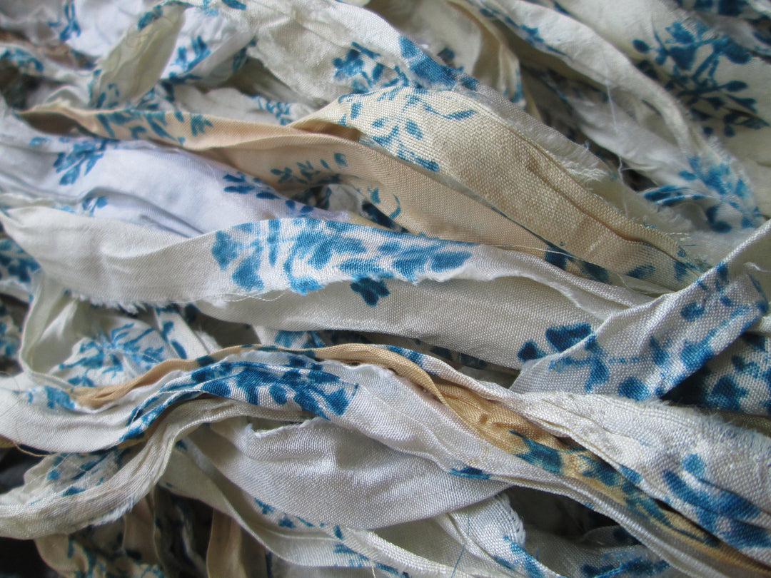 NEW Retro Print Blue/White/Ivory Recycled Sari Silk Ribbon