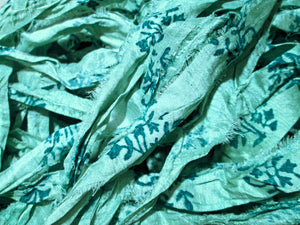 NEW Retro Print Light Blue/Green & Teal Floral Recycled Sari Silk Ribbon 5 - 10 Yards Yarn Jewelry Weaving Boho Mixed Media
