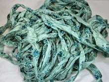 Load image into Gallery viewer, NEW Retro Print Light Blue/Green &amp; Teal Floral Recycled Sari Silk Ribbon 5 - 10 Yards Yarn Jewelry Weaving Boho Mixed Media
