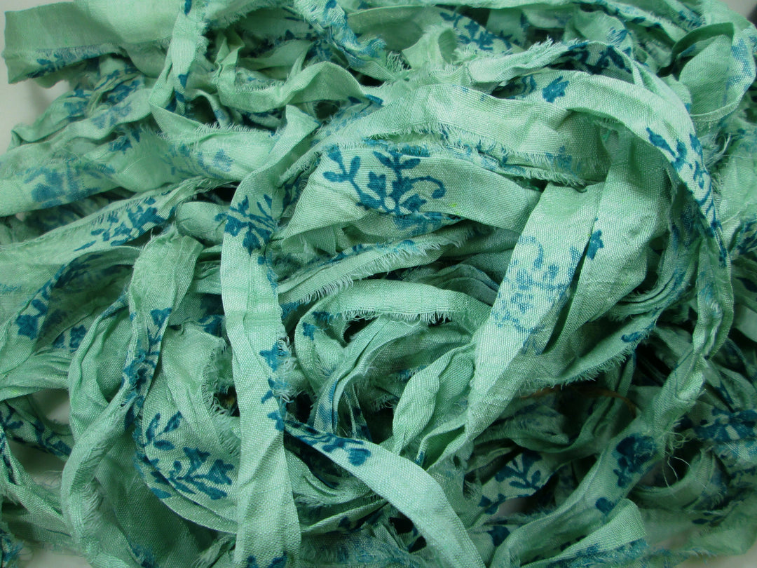 NEW Retro Print Light Blue/Green & Teal Floral Recycled Sari Silk Ribbon