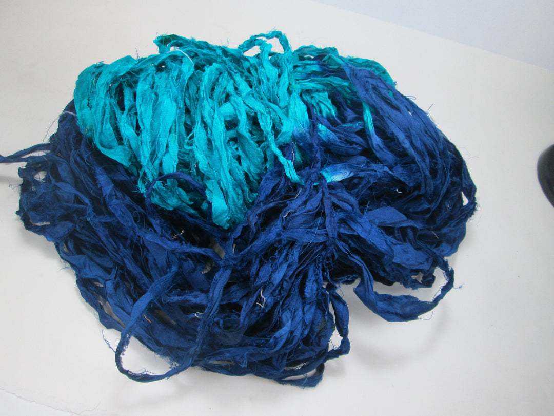 Jewel Blues Deep Blue & Turquoise/Teal Recycled Sari Silk Ribbon 5 Yards