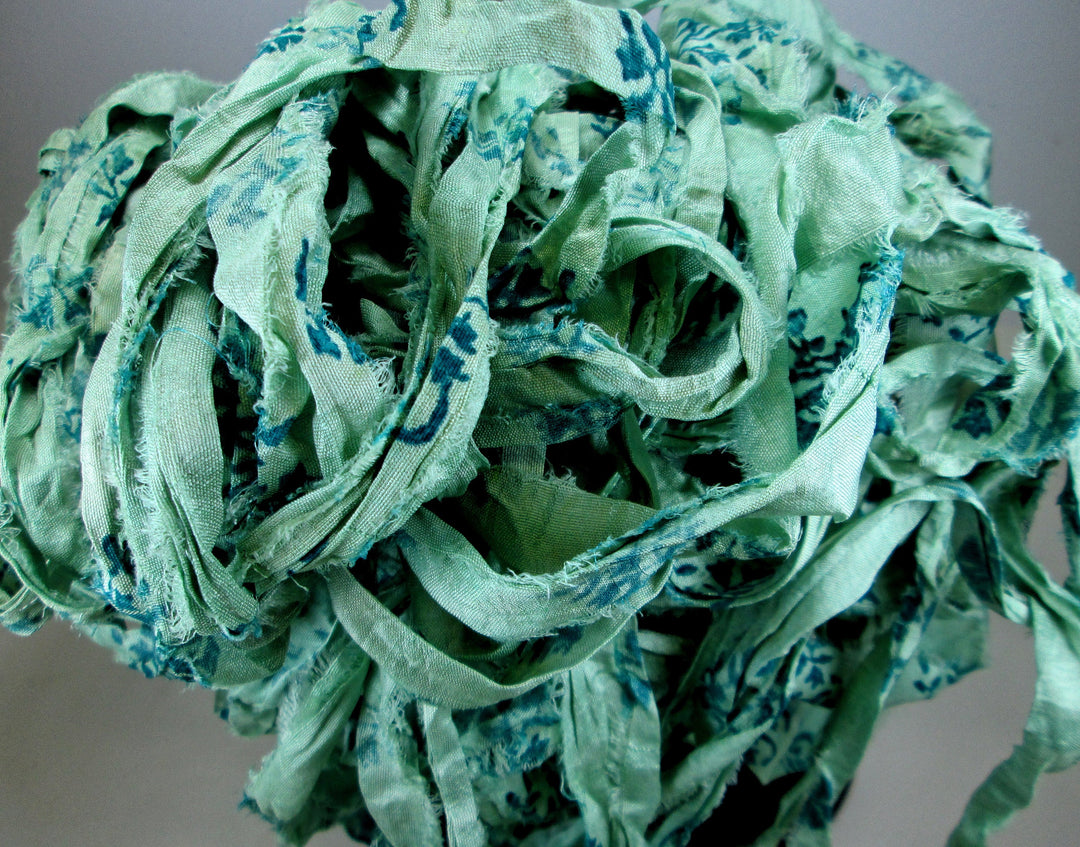 NEW Retro Print Light Blue/Green & Teal Floral Recycled Sari Silk Ribbon