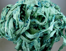 Load image into Gallery viewer, NEW Retro Print Light Blue/Green &amp; Teal Floral Recycled Sari Silk Ribbon 5 - 10 Yards Yarn Jewelry Weaving Boho Mixed Media
