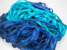Load image into Gallery viewer, Jewel Blues Deep Blue &amp; Turquoise/Teal Recycled Sari Silk Ribbon 5 Yards
