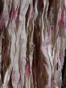 NEW Retro Print Pink/White/Ivory Recycled Sari Silk Ribbon 5 - 10 Yards or Full Skein Jewelry Weaving Boho Mixed Media