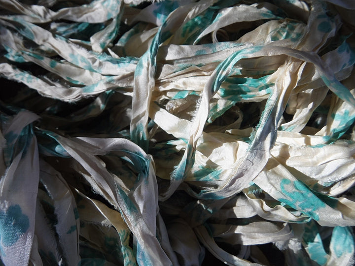 NEW Retro Print Turquoise/White/Ivory Recycled Sari Silk Ribbon