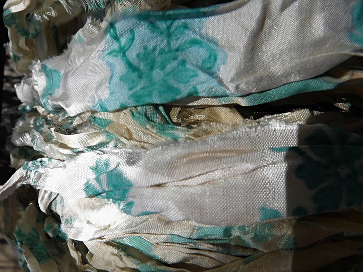 NEW Retro Print Turquoise/White/Ivory Recycled Sari Silk Ribbon