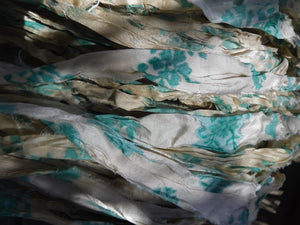 NEW Retro Print Turquoise/White/Ivory Recycled Sari Silk Ribbon 5 - 10 Yards or Full Skein Jewelry Weaving Boho Mixed Media