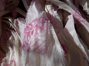 NEW Retro Print Pink/White/Ivory Recycled Sari Silk Ribbon 5 - 10 Yards or Full Skein Jewelry Weaving Boho Mixed Media