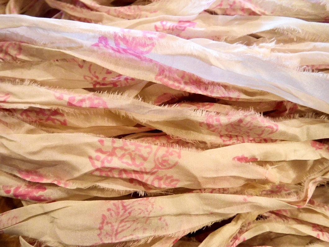 NEW Retro Print Pink/White/Ivory Recycled Sari Silk Ribbon