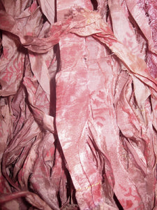 NEW Retro Print Dusty Rose Smokey Pink Recycled Sari Silk Ribbon 5 - 10 Yards or Full Skein Jewelry Weaving Boho Mixed Media