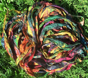 Super Colorful "Woodland" Tie Dye Multi Recycled Sari Silk Ribbon 5 - 10 Yards or Full Skein BOHO Jewelry Making SUPER FAST Shipping!