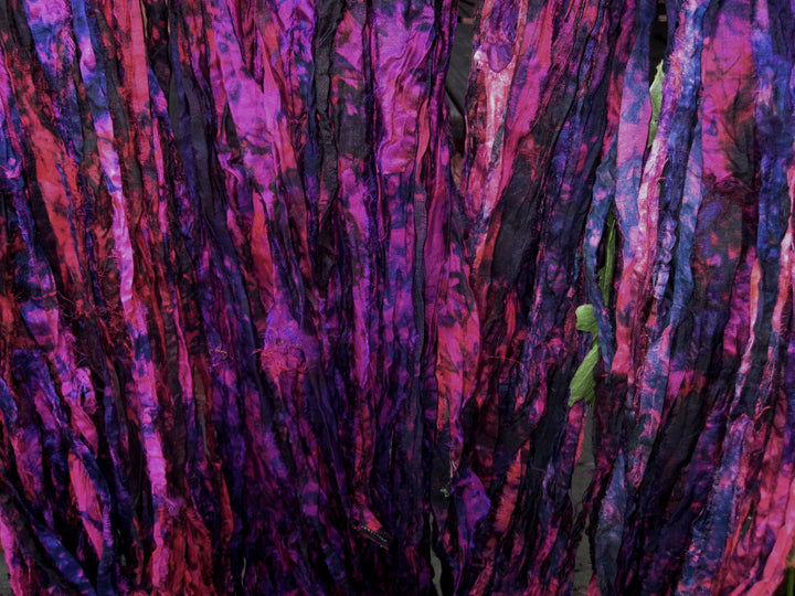 Fuchsia Flowers Tie Dye Multi Recycled Sari Silk Ribbon