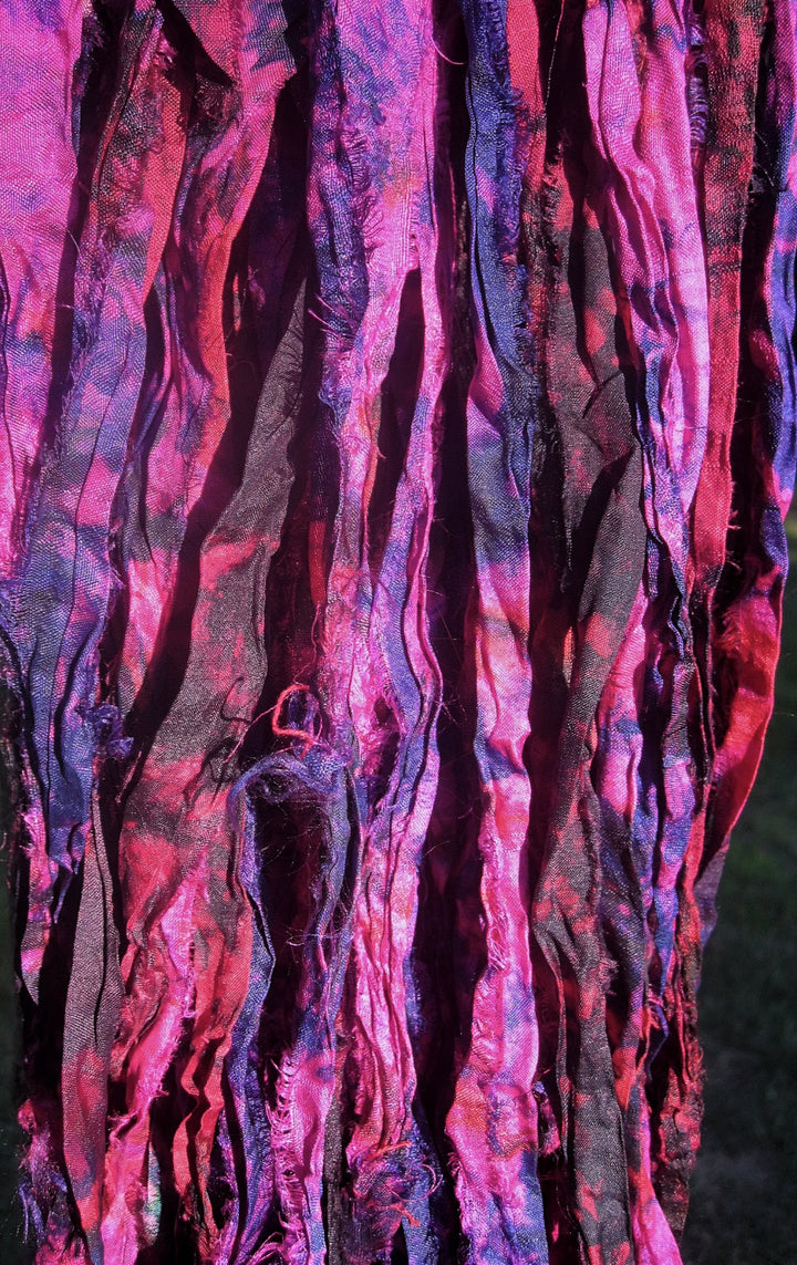 Fuchsia Flowers Tie Dye Multi Recycled Sari Silk Ribbon