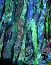 Load image into Gallery viewer, Blue &amp; Green Tie Dye Peacock Feather Multi Recycled Sari Silk Ribbon 5 - 10 Yards or Full Skein BOHO Jewelry Making SUPER FAST Shipping!
