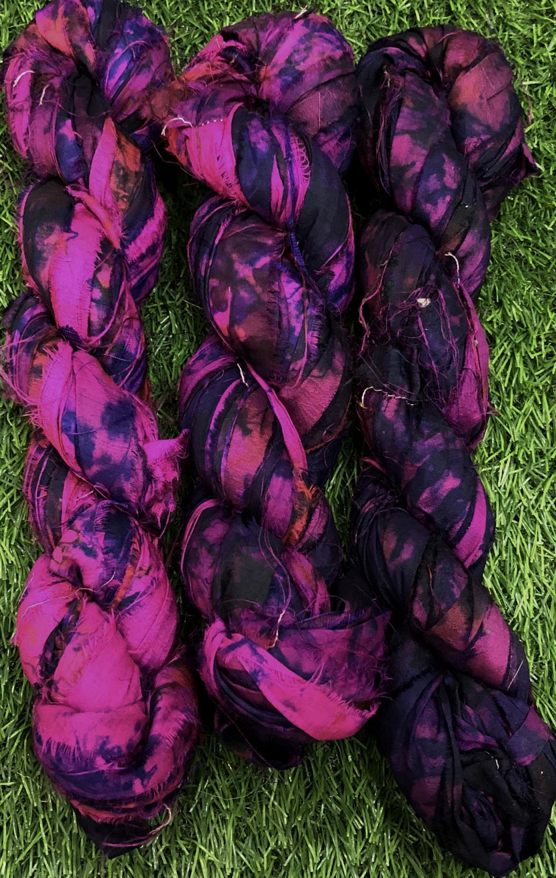 Fuchsia Flowers Tie Dye Multi Recycled Sari Silk Ribbon