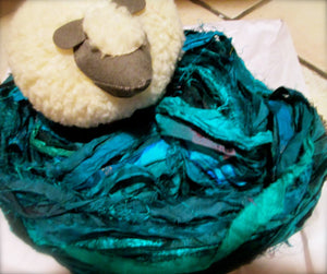 Teal Recycled Sari Silk Ribbon 5 - 10 Yards or Full Skein Ribbon Jewelry Weaving Spinning SUPER FAST SHIPPING!