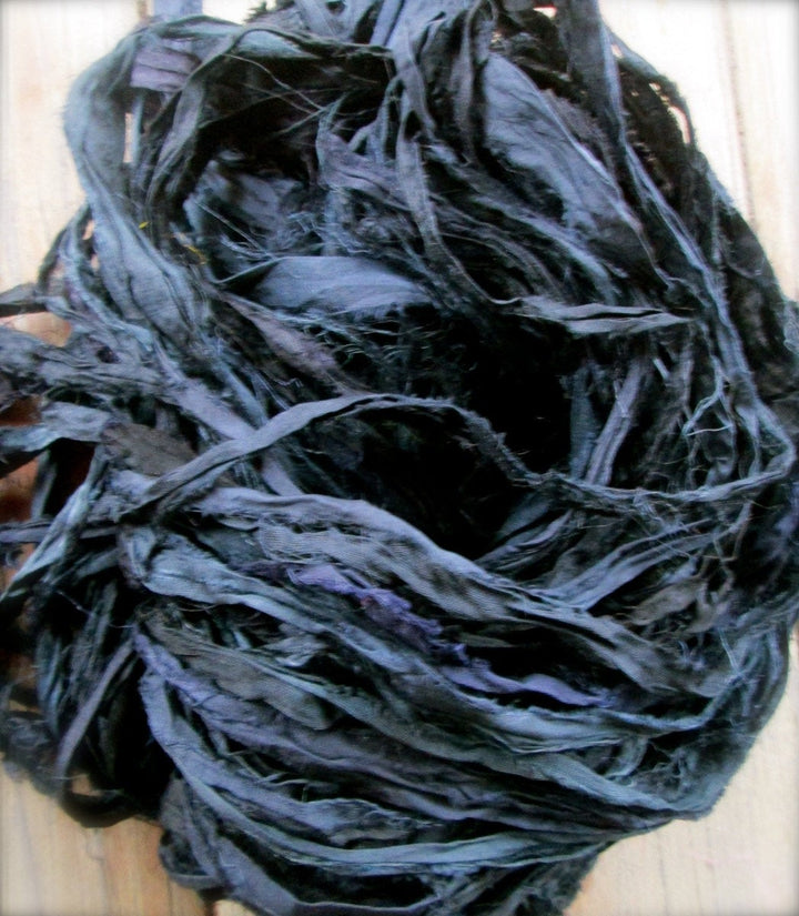 Black Recycled Sari Silk Ribbon Yarn 5 Yards