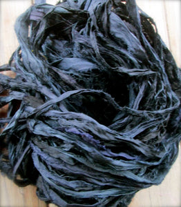 Black Recycled Sari Silk Ribbon Yarn 5 Yards Jewelry Weaving Spinning & Mixed Meda SUPER FAST SHIPPING!