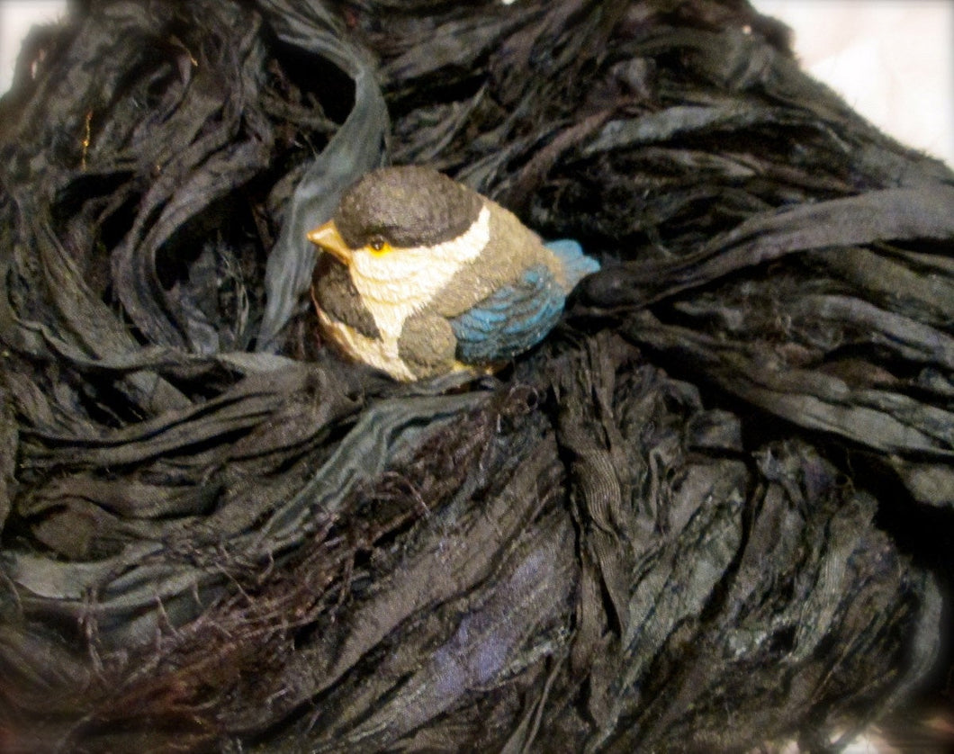 Black Recycled Sari Silk Ribbon Yarn 5 Yards