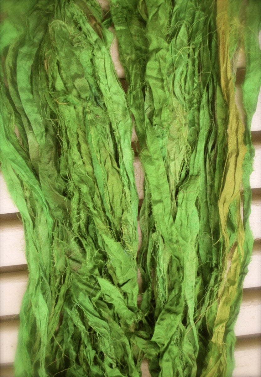 Key Lime Recycled Sari Silk Ribbon 5 or 10 Yards Wide Ribbon Yarn Jewelry Weaving Spinning SUPERFAST SHIPPING!