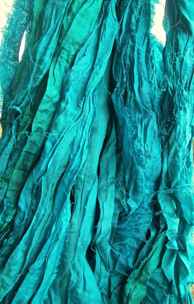 True Turquoise Recycled Sari Silk Ribbon Yarn