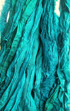 Load image into Gallery viewer, True Turquoise Recycled Sari Silk Ribbon Yarn 5 - 10 Yards for Jewelry Weaving Spinning Mixed Media
