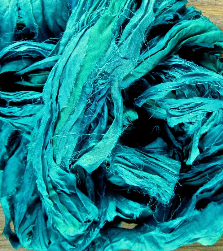 True Turquoise Recycled Sari Silk Ribbon Yarn