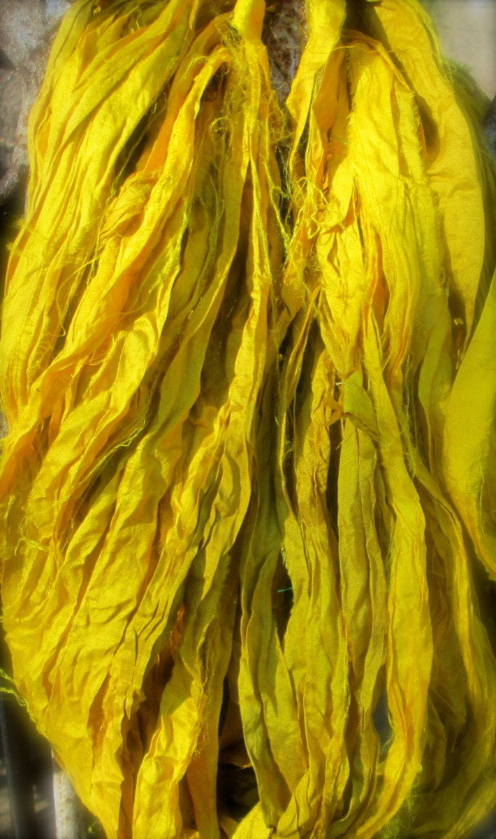 Citron Recycled Sari Silk Ribbon 5 or 10 Yards Ribbon Jewelry Weaving Spinning SUPER FAST SHIPPING!