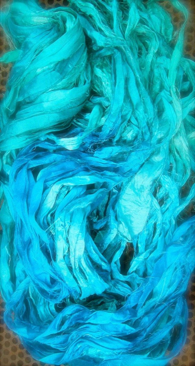 Arctic Blues Recycled Sari Silk Ribbon Yarn 5 or 10 Yards Jewelry Weaving Spinning Mixed Media BOHO SUPERFAST SHIPPING!