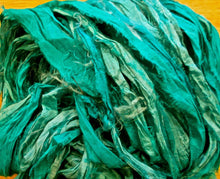 Load image into Gallery viewer, Mermaid Recycled Sari Silk Ribbon Yarn 5 Yards for Jewelry Weaving Spinning Mixed Media
