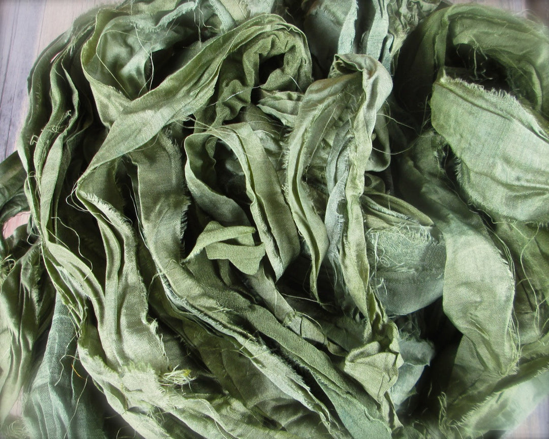 Olive Green Recycled Sari Silk Eyelash Ribbon 5 yards