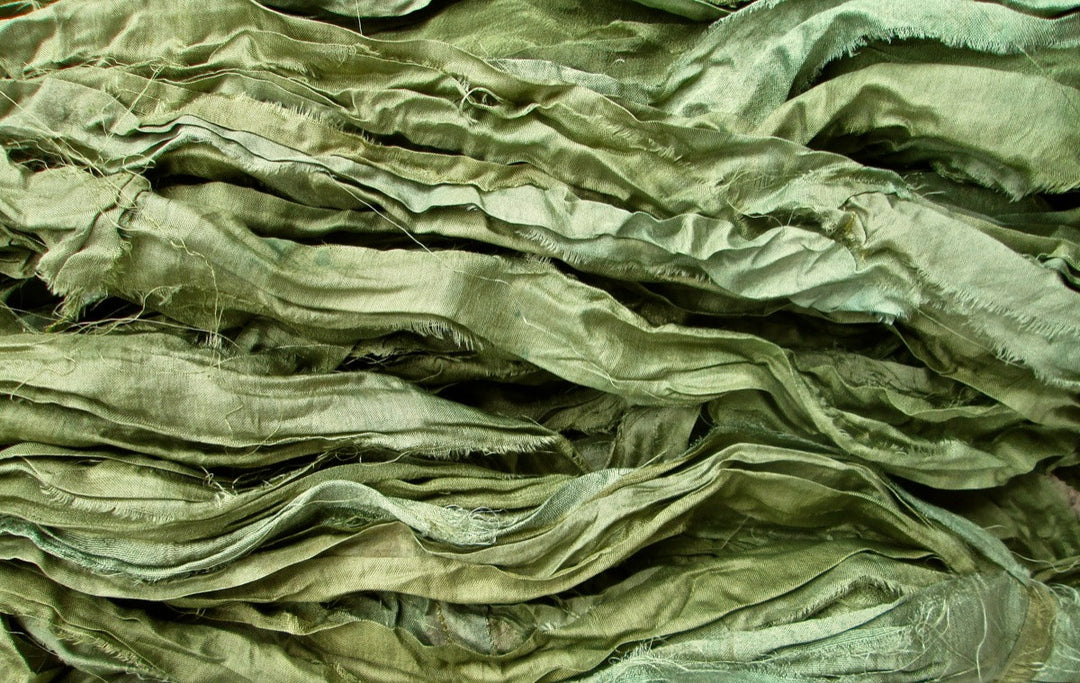 Olive Green Recycled Sari Silk Eyelash Ribbon 5 yards