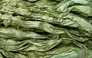 Olive Green Recycled Sari Silk Eyelash Ribbon 5 Yards Jewelry Weaving Spinning Boho Mixed Media SUPER FAST SHIPPING!